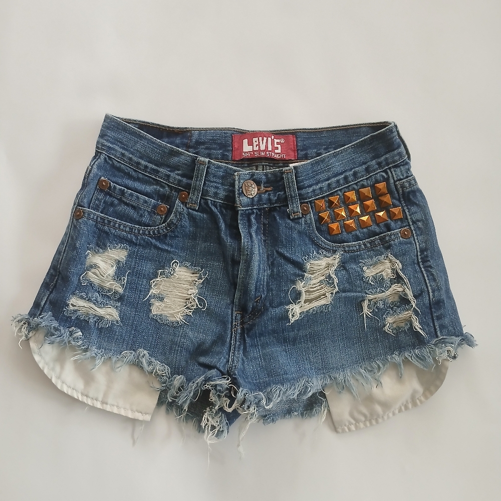 Levi's 514 Size 14 Cutoff Blue Distressed Embellished Denim Shorts Sz 26 Waist